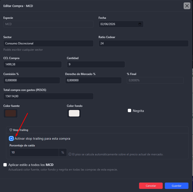 Checkbox de activación del stop trailing en el formulario de compra